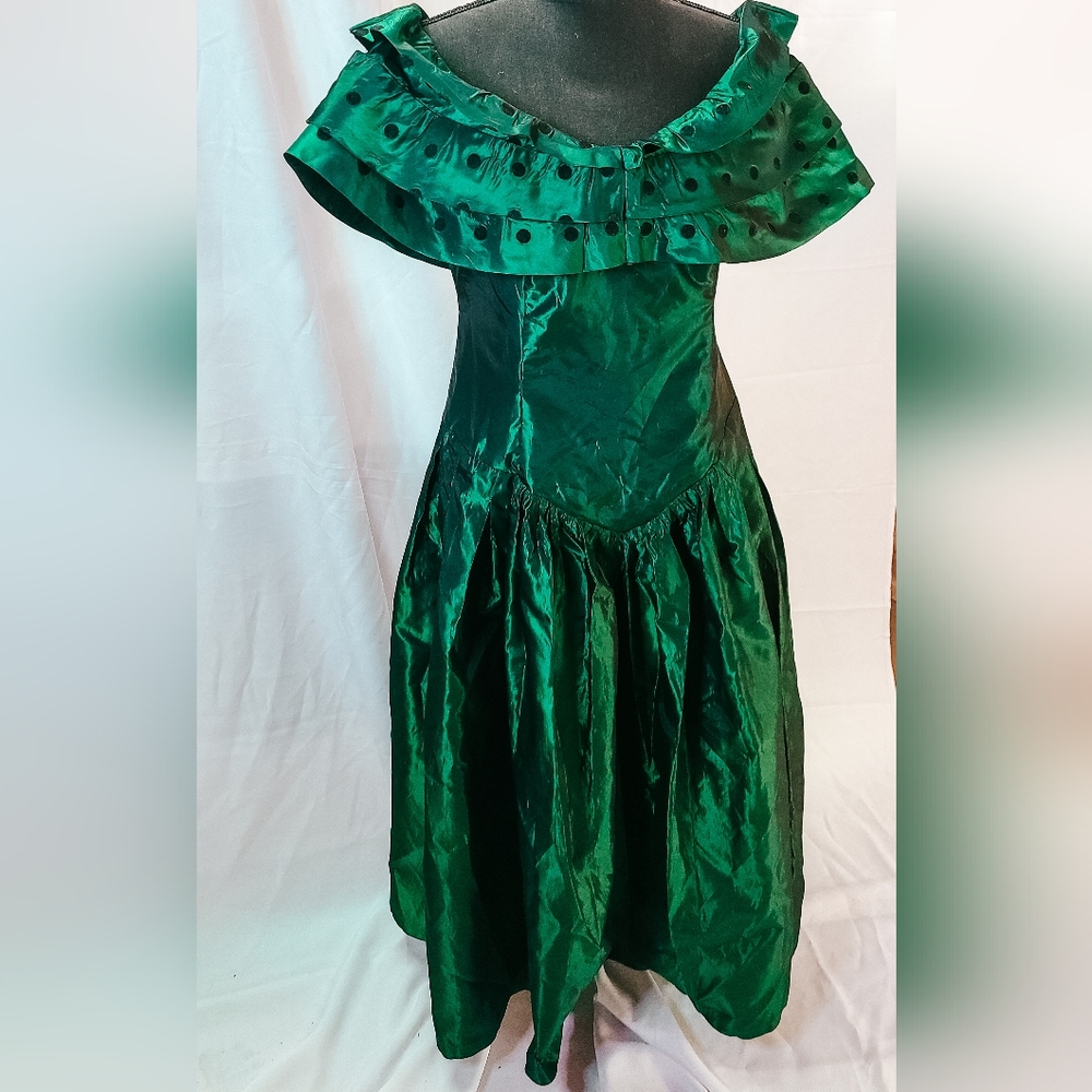 80s Satin Emerald Green Velvet Polka Dot Prom Gown
